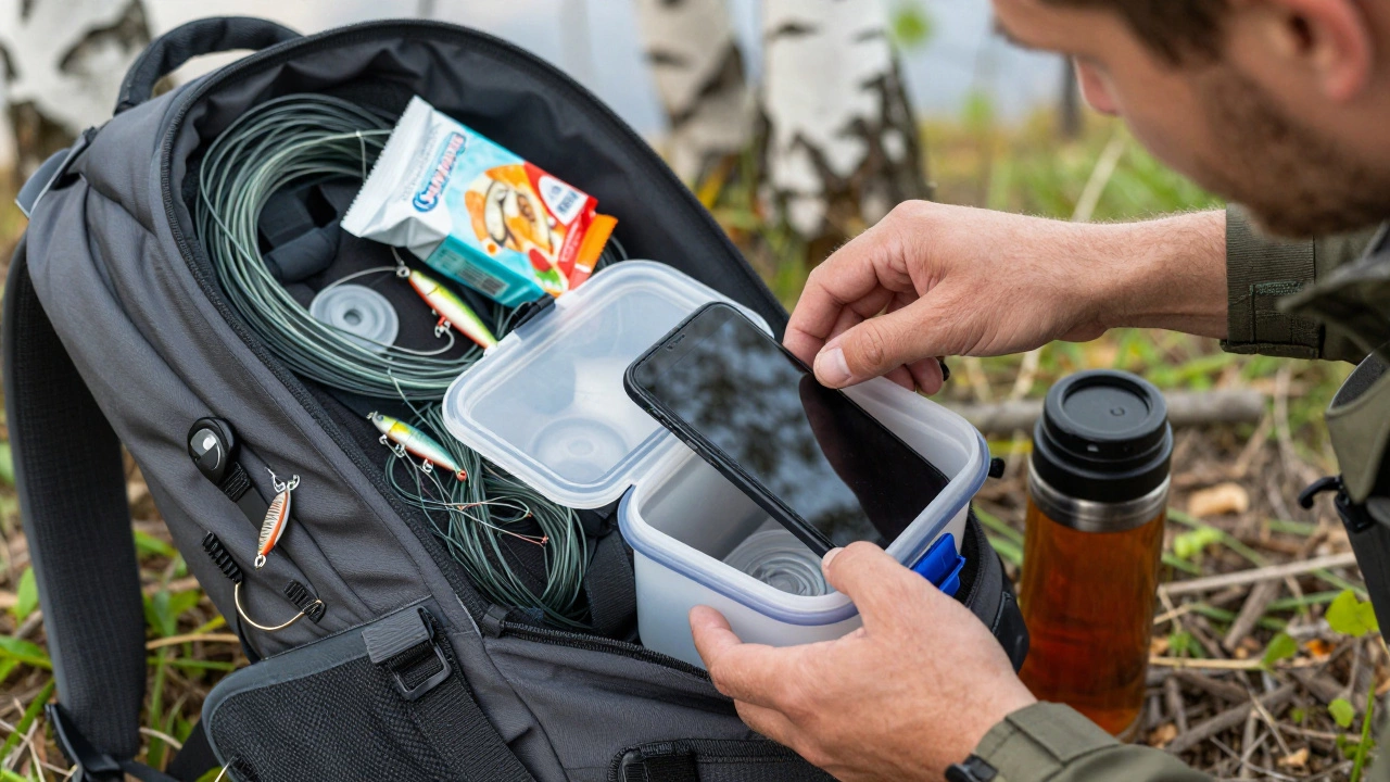 Телефон в гермоконтейнере, спрятанном в термосе с чаем, рядом — беспорядок лишних вещей.
