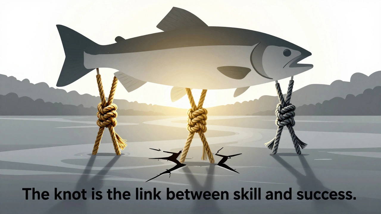 Три рыболовных узла как опоры, удерживающие силуэт рыбы, слабые узлы разрушаются в тени.