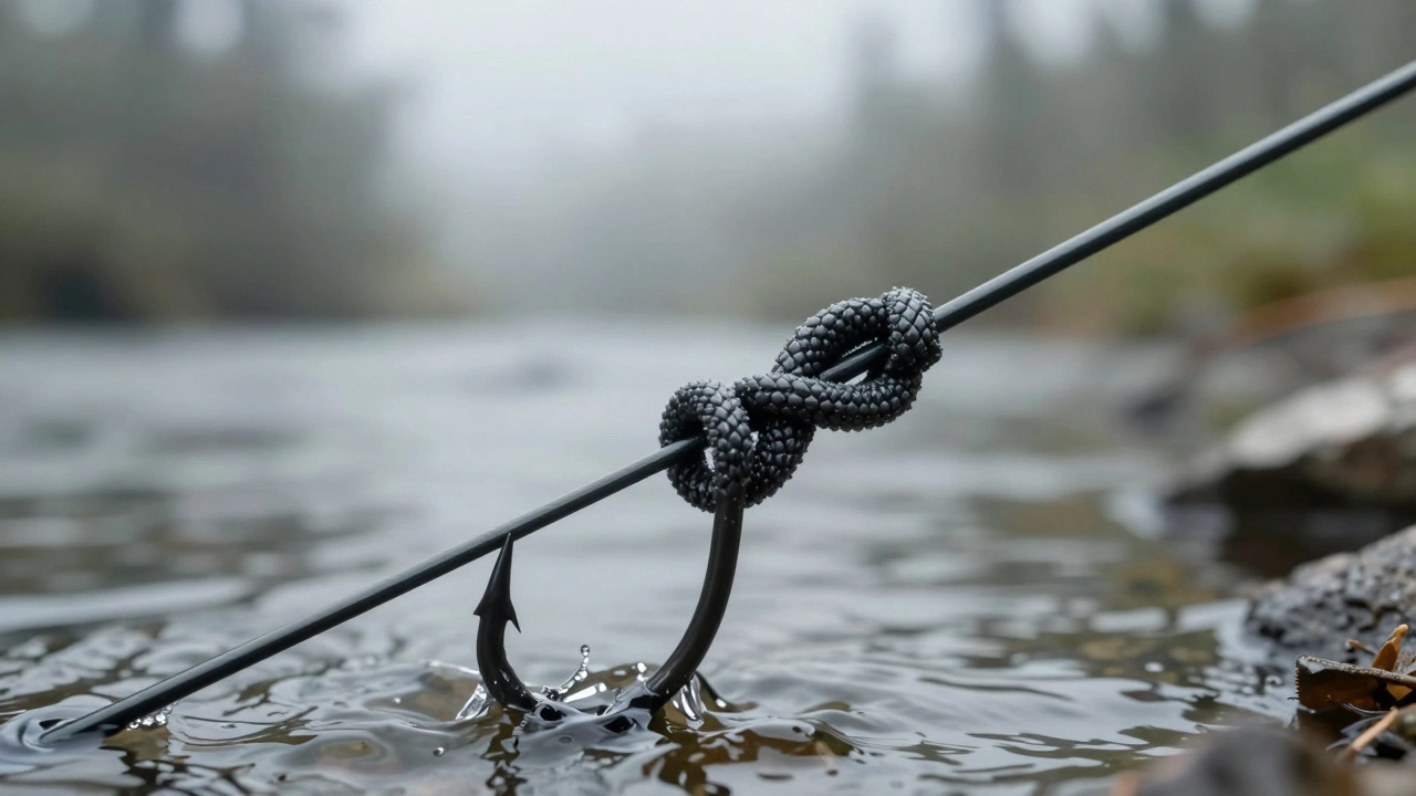 Узел Паломар на флюорокарбоновой леске, плотно обжимающий крючок, капли воды вокруг.