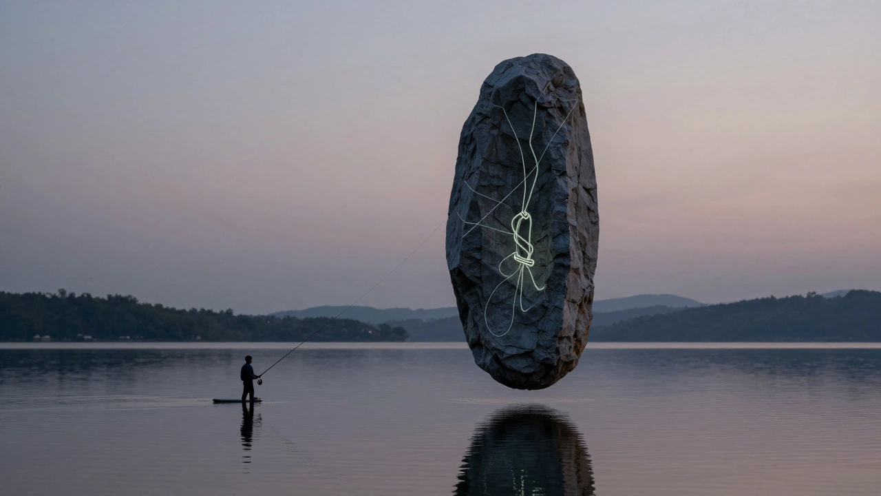 Узел превратился в каменный монолит, парящий над озером при закате.