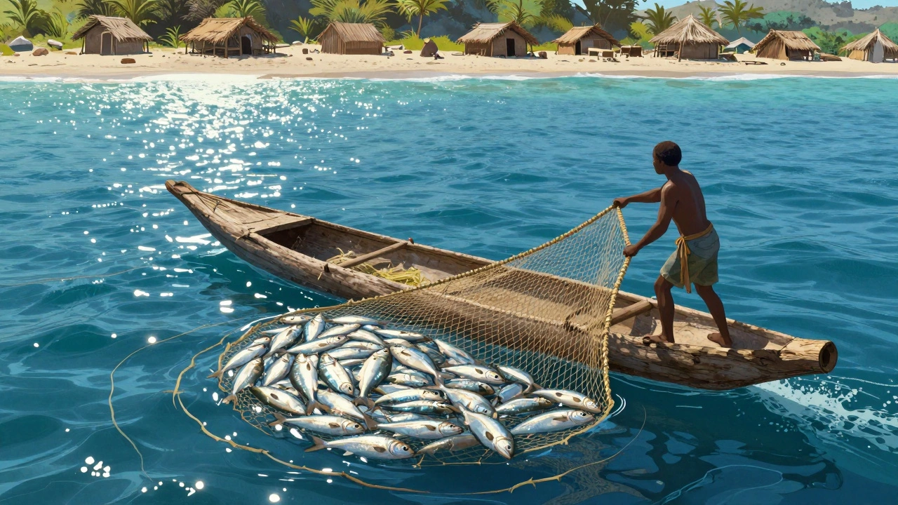 Древний человек вытягивает сеть с рыбой из лодки-долбленки