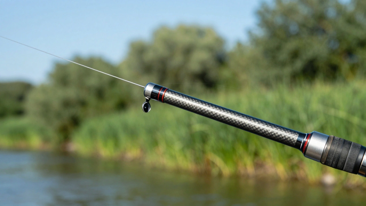 Крупный план чувствительного кончика фидера в момент поклевки рыбы