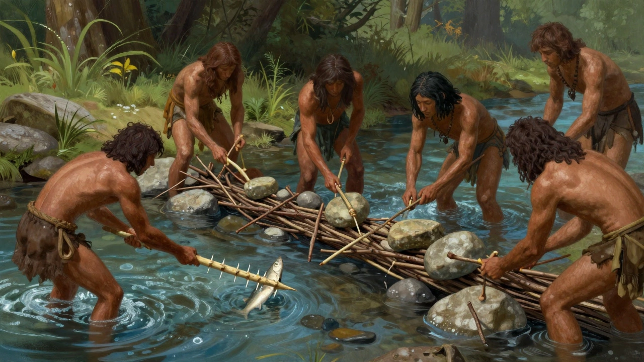 Люди каменного века используют гарпун и каменные ловушки в ручье