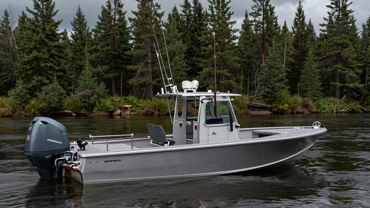 Мощный алюминиевый катер с кабиной, стоящий на глубокой реке