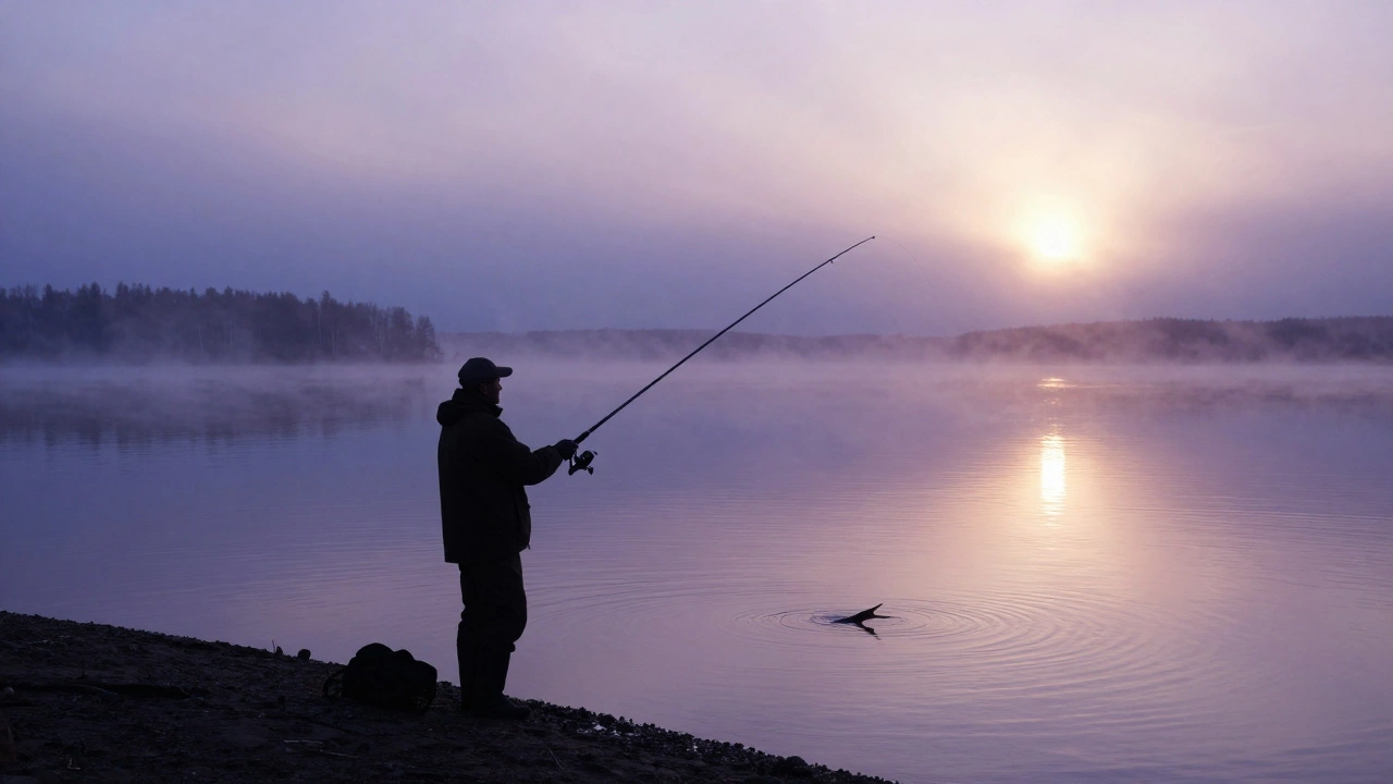 Рыбак делает заброс спиннинга на озере в туманное утро