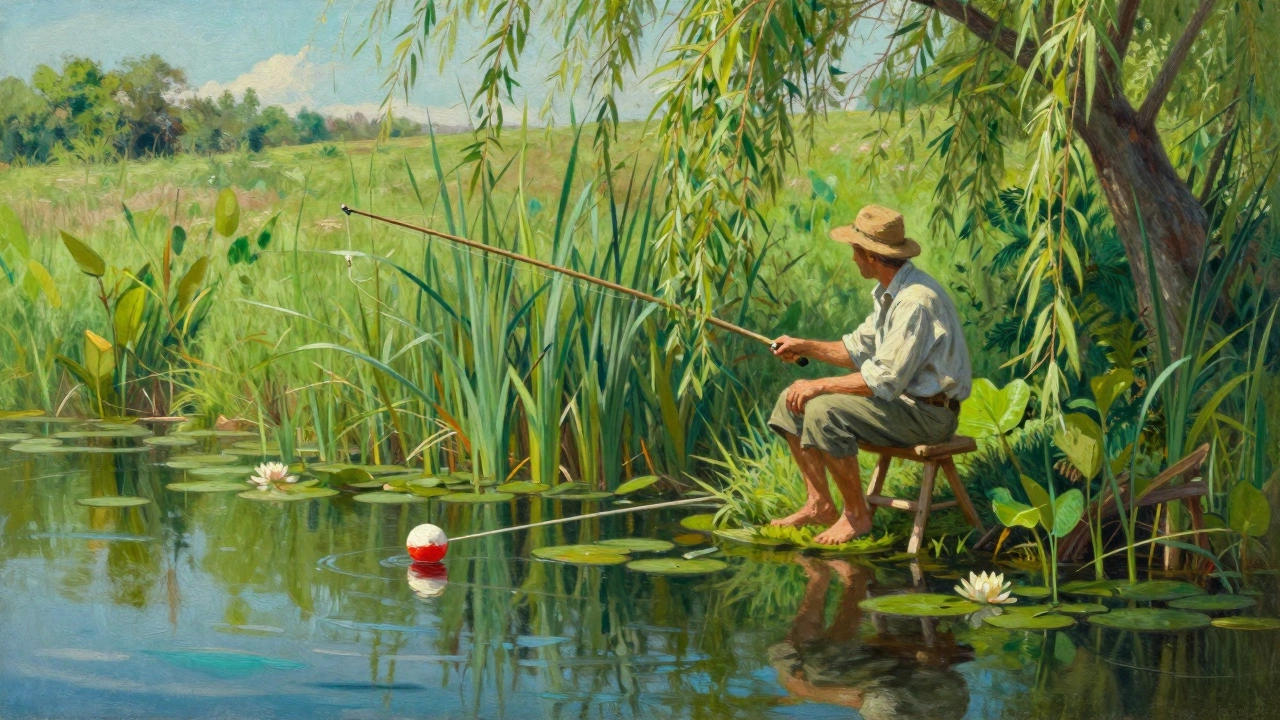 Рыбалка с поплавочной удочкой в камышах тихого пруда летом