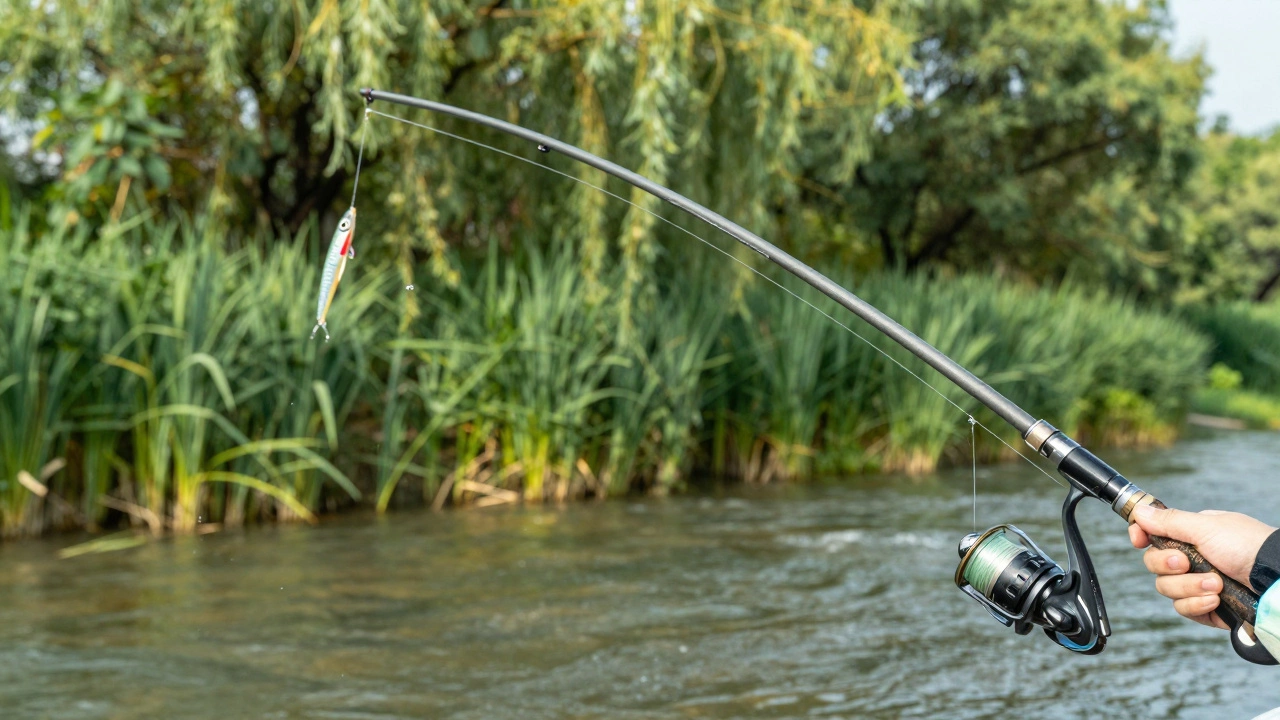 Рыболов делает заброс спиннингом с искусственной приманкой в реку