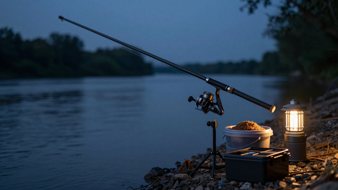 Снасти для донной ловли с фидером на берегу реки в сумерках