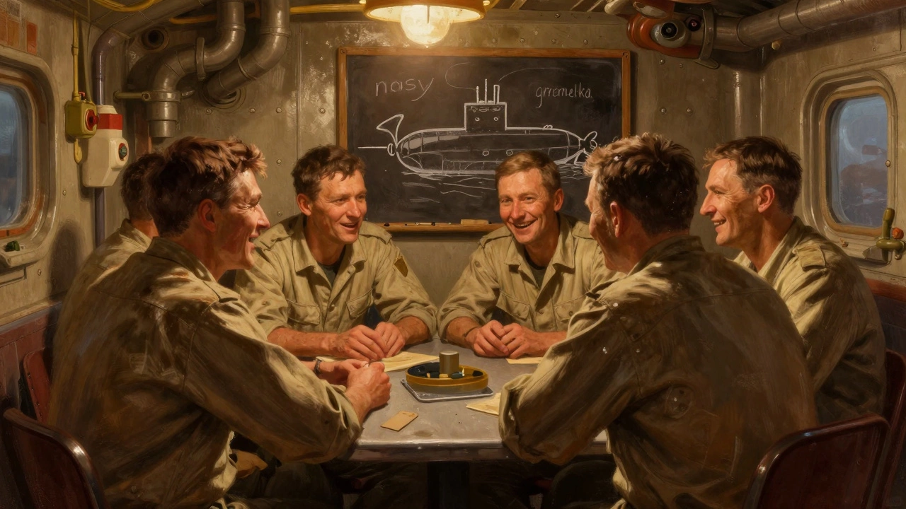 Советские подводники в курилке на борту дизельной подводной лодки