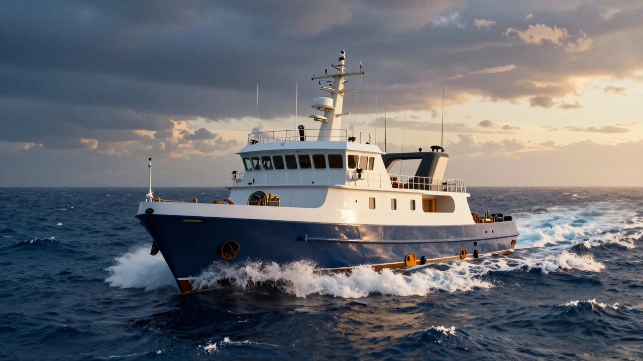 Современный экспедиционный катер в открытом море на закате