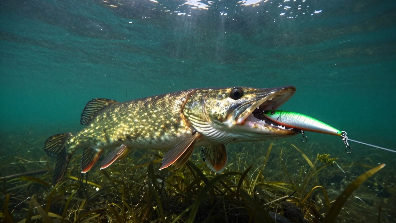 Щука атакует воблер под водой среди водорослей