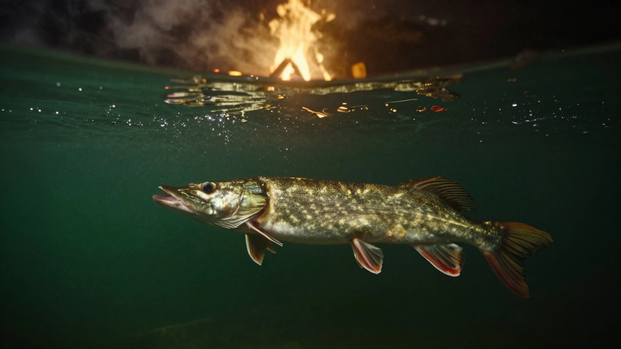 Щука в глубокой воде, чувствующая запах костра с берега