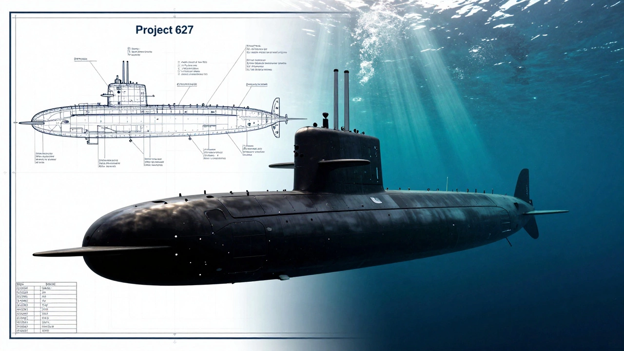 Технический чертеж и реальный силуэт атомной подводной лодки в океане