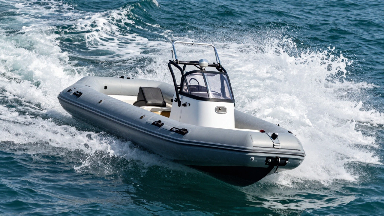 Жестко-надувная лодка РИБ быстро режет волны на открытой воде