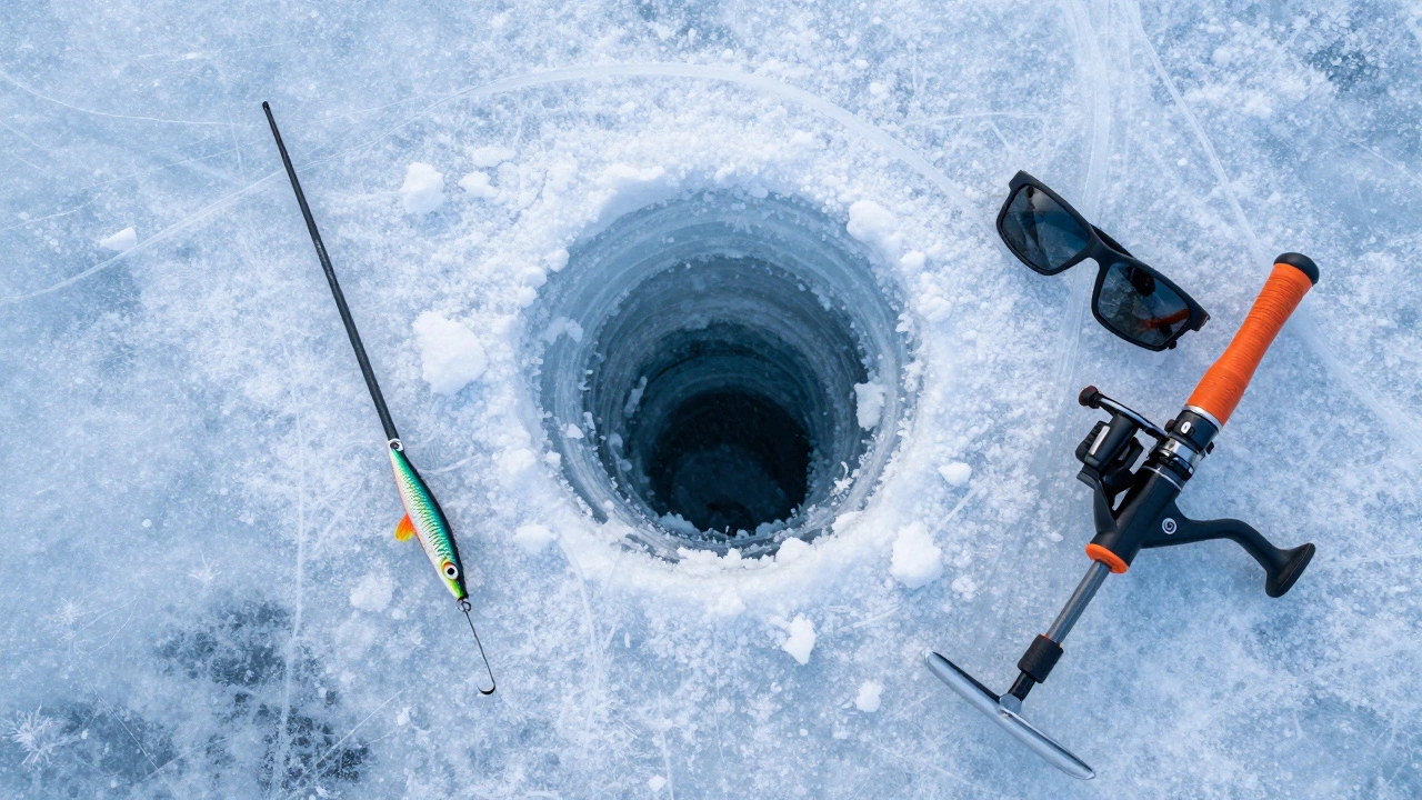 Зимняя рыбалка: лунка в льду, короткая удочка и ледобур на снегу