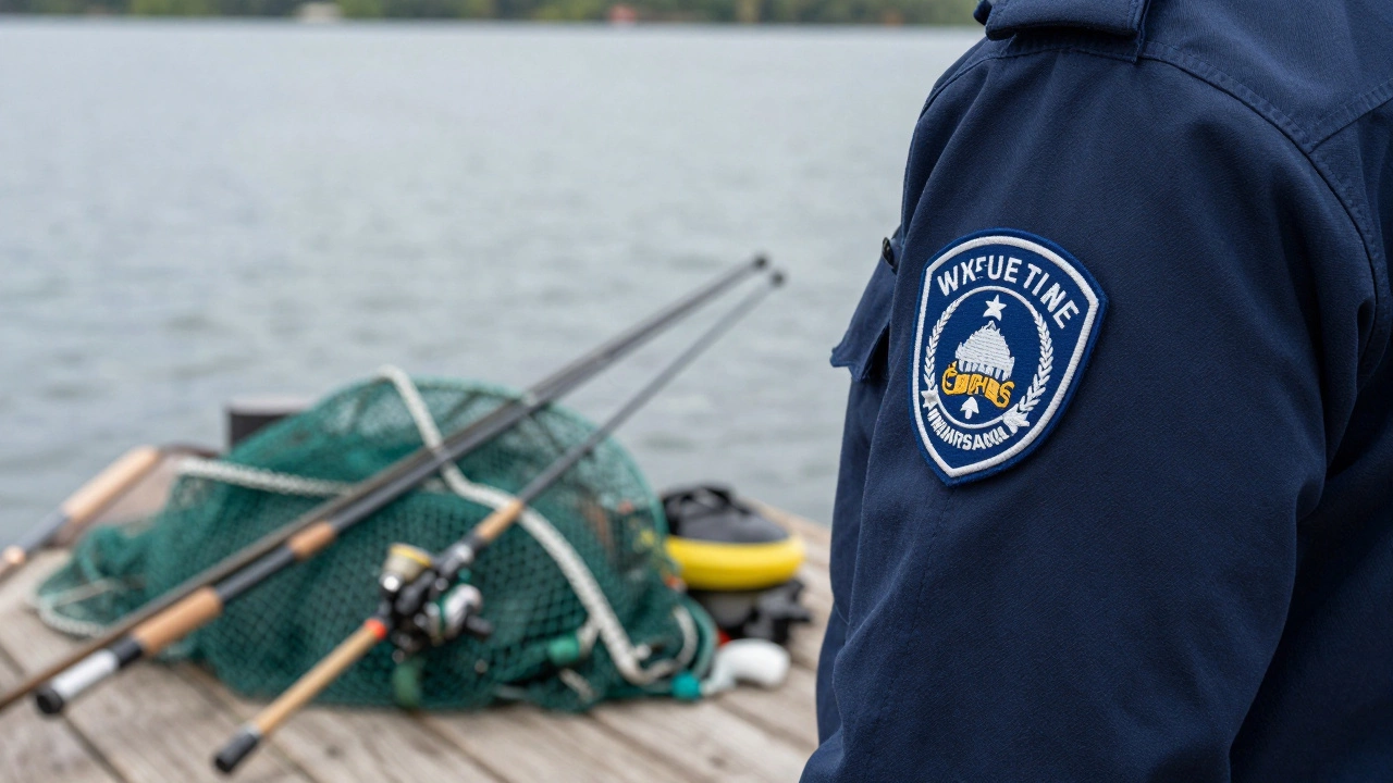 Изъятые снасти и инспектор рыбоохраны на пристани