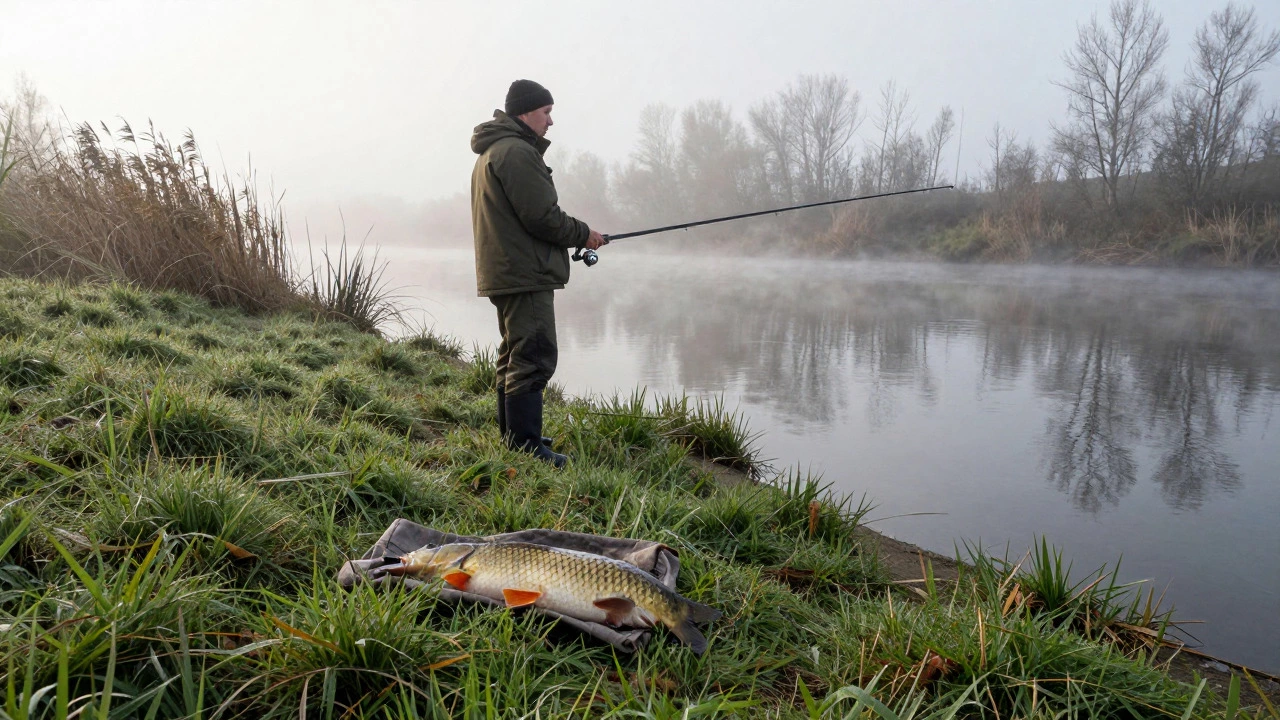 Angler releasing a carp into a misty river during spawning season