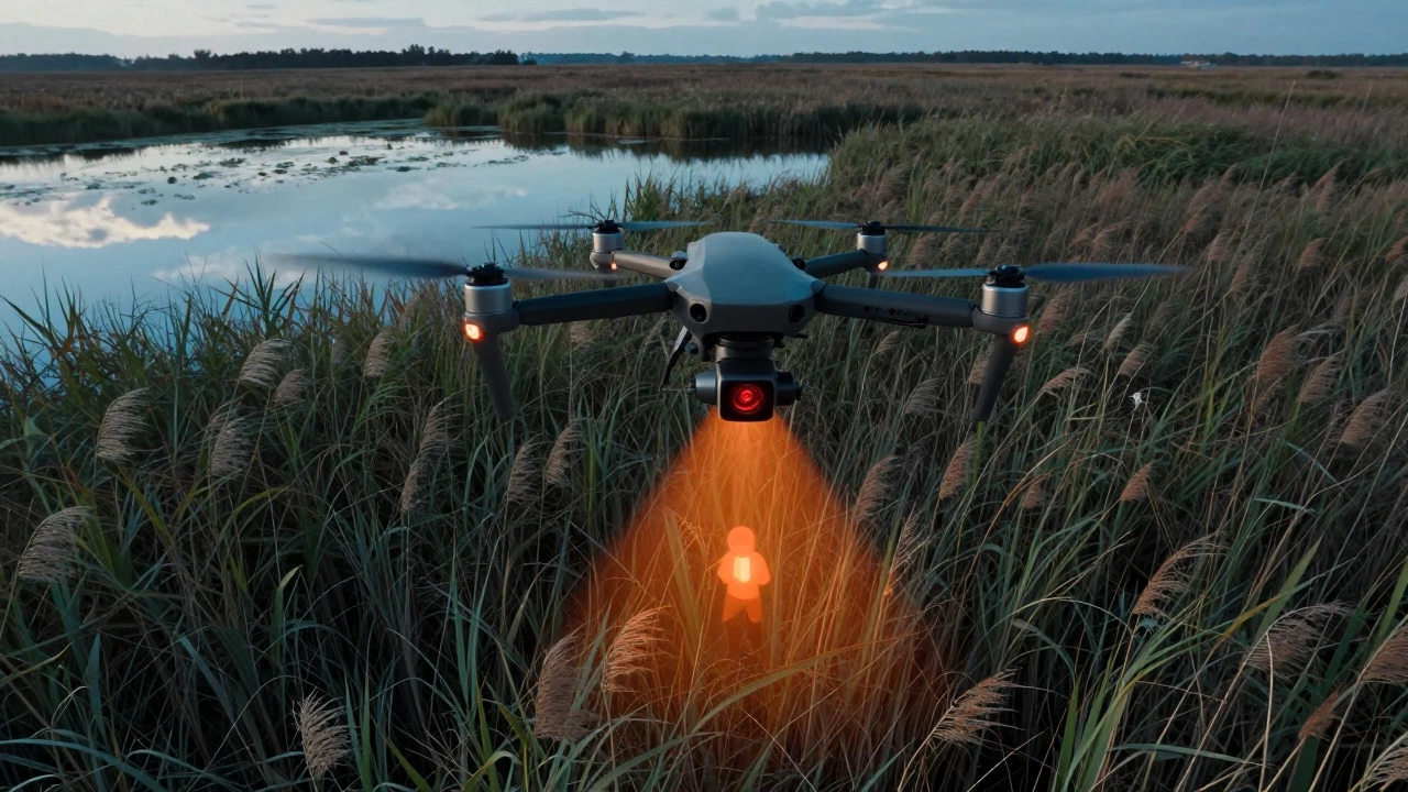 Drone using thermal imaging to monitor fishing activity in wetlands